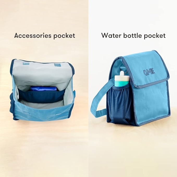 Omie OmieBox Lunch Bag - Washable, Foldable, Durable, WaterResistant Fabric with Interior Pocket and External Bottle Holder (Blue)