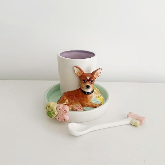 Ceramic Animal Coffee Mug Cup and Saucer Set竊?00ML(6.8OZ) 3D Hand-painted Tea Cup with Spoon (Brown)