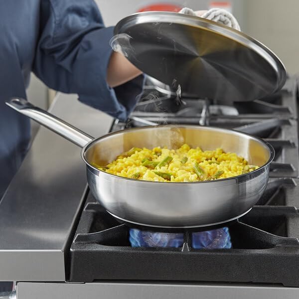 SS1 Series 3 Qt Stainless Steel Saucier Pan, Silver, Aluminum-Clad Bottom, NSF Listed, Induction Ready, with Welded Handle and Cover, 10 x 3.1 Inches
