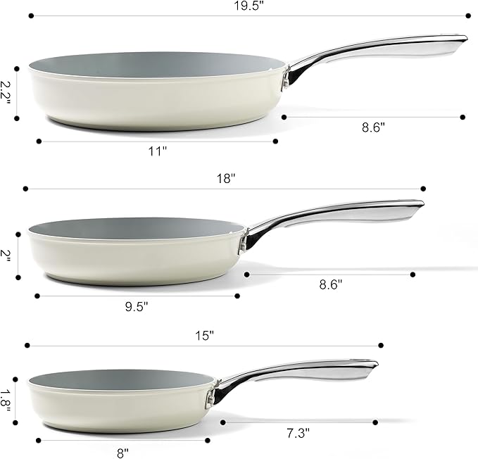 Non Stick Frying Pans Set, Ceramic Skillet, Non Toxic Omelette Egg Pans for Cooking, 8" 9.5" 11" PFAS & PTFE & PFOA Free with Stainless Steel Handle, Dishwasher & Oven Safe, White