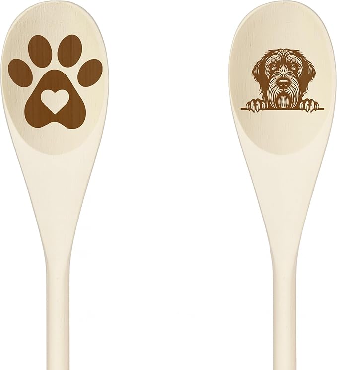 WIREHAIRED POINTING GRIFFON Wooden Spoons for Cooking, Serving or Decorative Kitchen Utensils Set Dog Lover Dog Mom/Dad Gift with Peeking Dog Designs, Paw Print and Dog Head, Kitchen Utensils Set of 2
