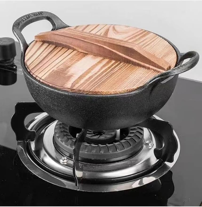 cast iron Dutch oven large-capacity pot with lid is used for baking bread and stewing meat-heavy-duty casting cooker iron pot is used for stewing, baking and bread baking.(Wooden lid, 9.84in*3.4in)