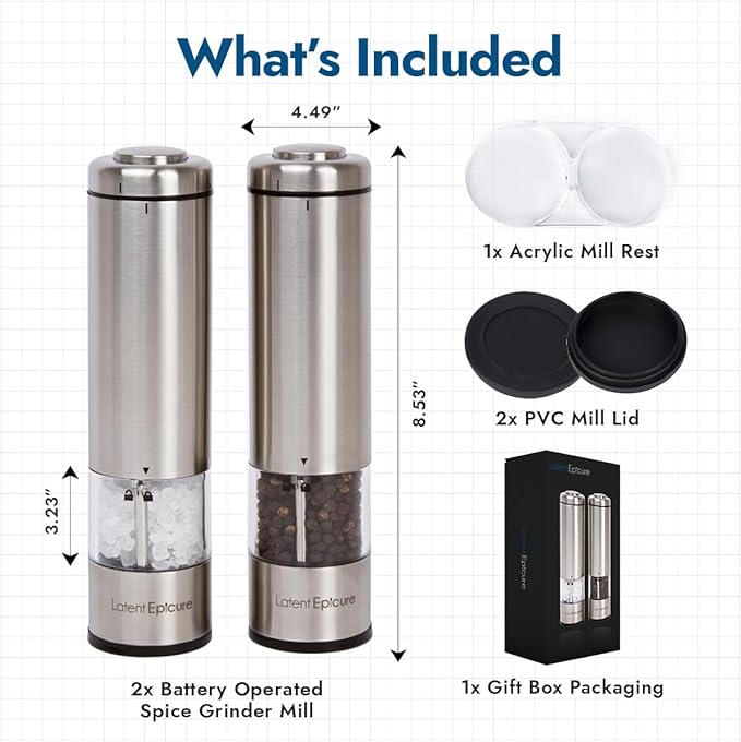 Electric Salt & Pepper Grinder Set ??Battery Operated Stainless-Steel Mills & Shakers with Light, Adjustable Ceramic Grinders & Acrylic Rest Tray
