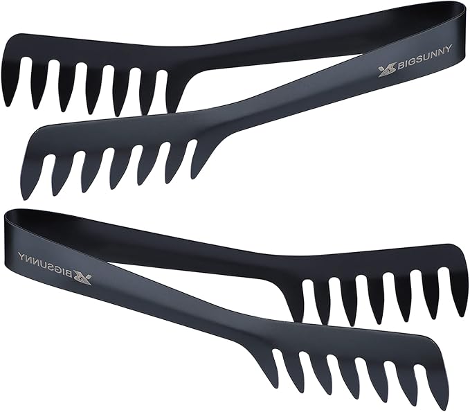 MSY BIGSUNNY 8-Inch Pasta Tongs, Stainless Steel Food Serving Tongs, Rust-Proof Spaghetti Tongs (Set of 2, Black)