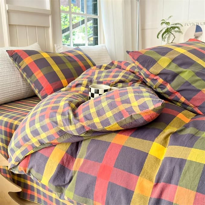 LifeTB Plaid Checkered Comforter Set King 3 Pieces Grid Gingham Bedding Comforter with 2 Pillowcases Farmhouse Lightweight Bedding Fluffy Multicolor Grid Bed Comforter Set King Size for All Season
