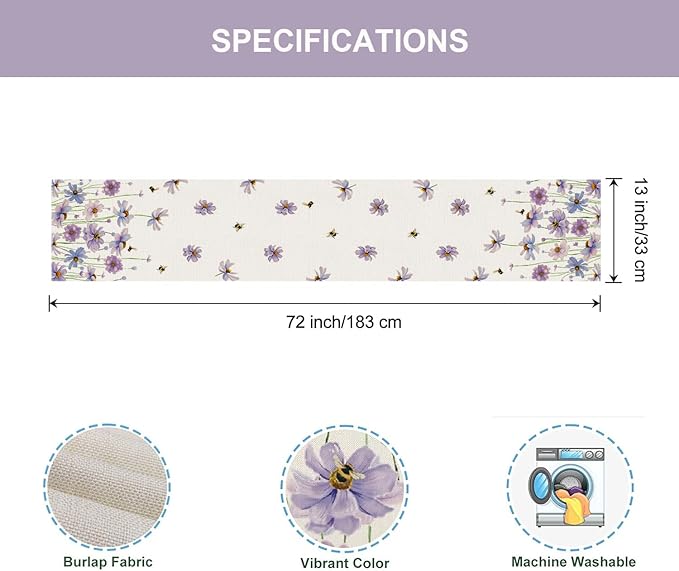 ZCHOMI Spring Purple Floral Table Runner 13x72 Inch Watercolor Flowers Seasonal Kitchen Dinning Table Decoration for Indoor Outdoor Home Party D챕cor