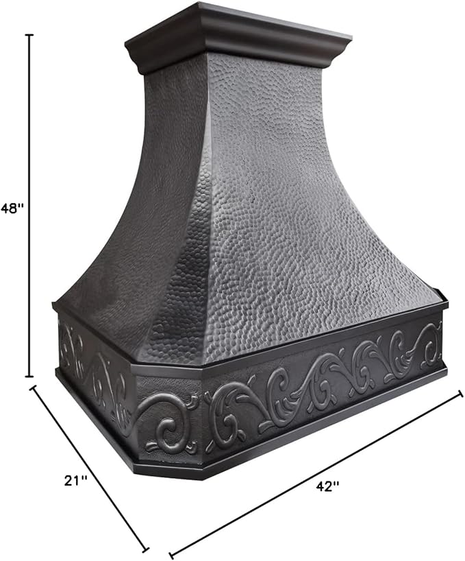 CT Copper Tailor Copper Vent Hood Wall Mount,42'' W,48''H, 1150 CFM Exhaust Fan,Stainless Steel Vent,LED Light,Dishwasher-Safe Baffle Filters,Heavy Hammered-Dark Patina,VH3A