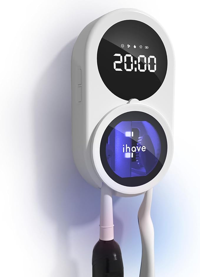 iHave Toothbrush Sanitizer Holder, UV Toothbrush Holders with 100M Negative Ions for 360째 Disinfection, Mold Control & Odor Neutralization, Heated & Fan Drying 2-Slot Toothbrush Holder Wall Mounted