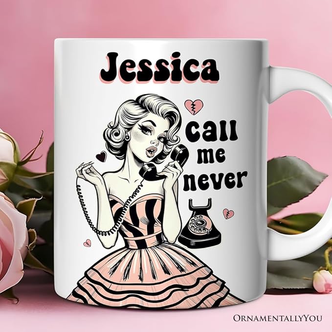 OrnamentallyYou Personalized Valentine Mug (Retro Anti-Valentine Pinup Girl Personalized Mug, Call Me Never Funny Gift With Custom Name)