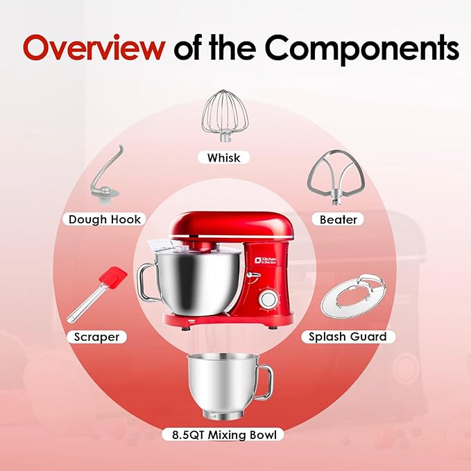 Kitchen in the box Stand Mixer - 8.5 Quart Electric Kitchen Standing Mixer 900 Watt for Heavy Bread Dough,Baking,Cake,Cream & Batters,Tilt Head Design (Red)
