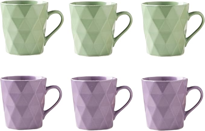 11 Ounce Porcelain Mugs, Set of 6, Tea and Cocoa Mug Set, 3 Matcha Green, 3Purple, Matte