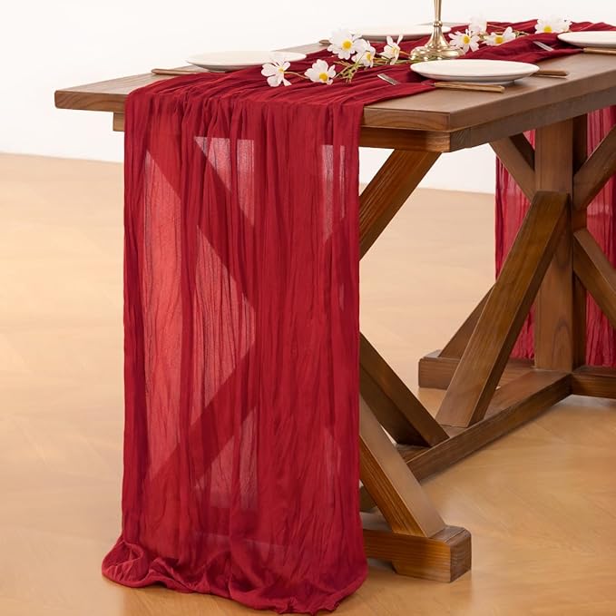 Socomi Red Cheesecloth Table Runner Valentine's Day Boho Rustic Gauze 120 inch 10FT Cheese Cloth Runner for Wedding Party Baby Shower Birthday Home Decor Holiday Decorations