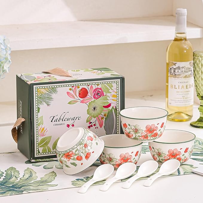 Premium Ceramic Dinnerware Set ??Floral Bowls & Plates Set, Elegant Hand-Painted Design, Microwave Safe, Ideal for Wedding/Housewarming/Corporate Gifts (Blossoms, 4*bowls+spoons)