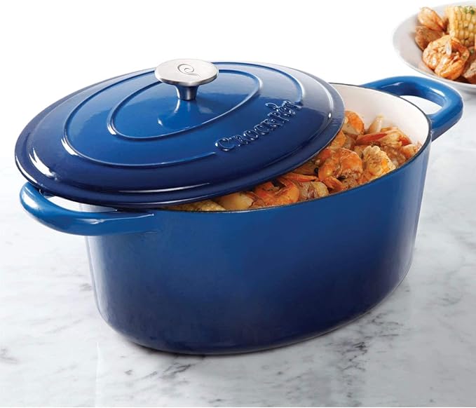 Crock Pot Artisan 7-Quart Oval Enameled Cast Iron Dutch Oven ??Sapphire Blue, Heavy-Duty Cookware for Slow Cooking, Roasting, Baking with Lid