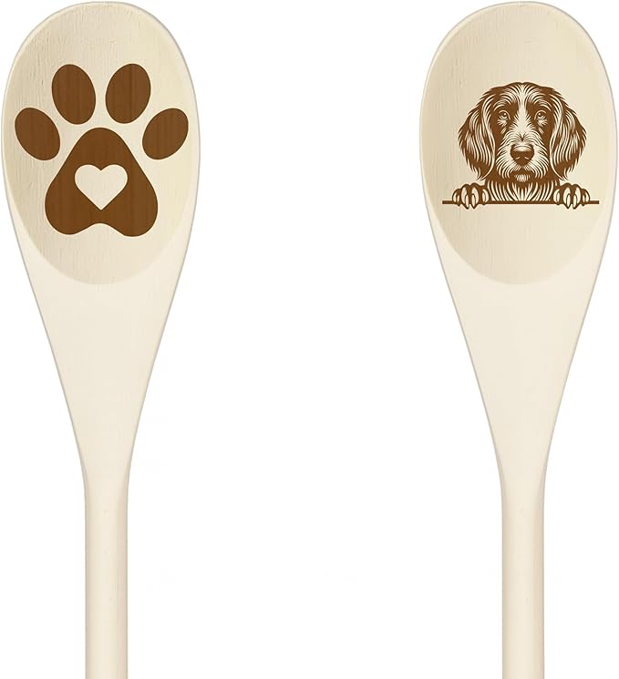 BOBTAIL Wooden Spoons for Cooking, Serving or Decorative Kitchen Utensils Set Dog Lover Dog Mom/Dad Gift with Peeking Dog Designs, Paw Print and Dog Head, Kitchen Utensils Set of 2