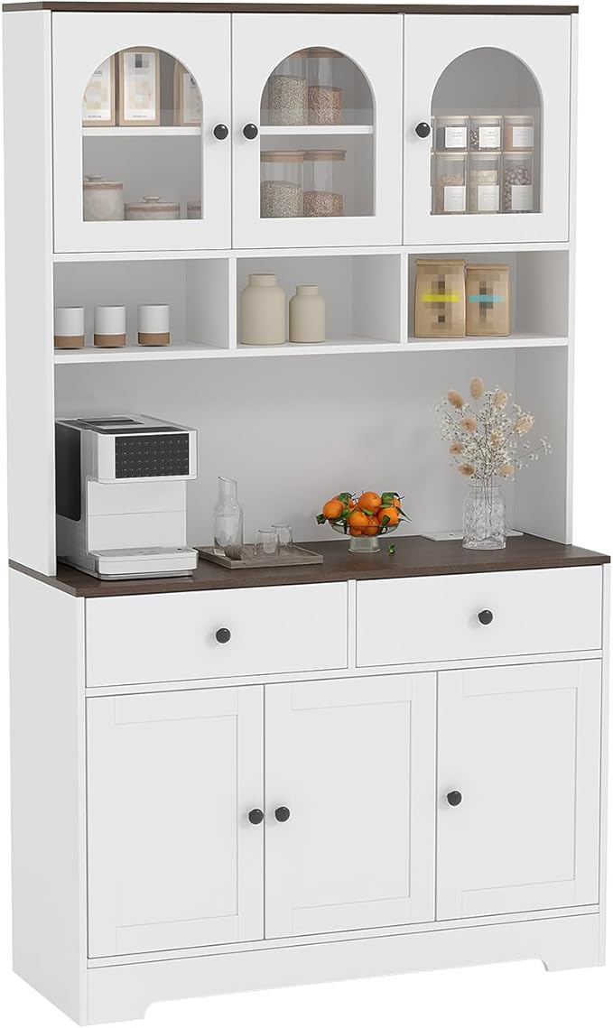 Garvee Kitchen Pantry Cabinet with Open Storage Shelves, 71" Tall Food Pantry Cabinet, Farmhouse Freestanding Kitchen Hutch with Countertop Glass Door Display & Charging Station for Dining Room