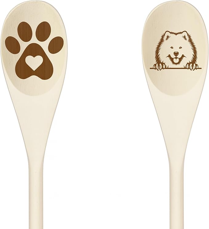 SAMOYED Wooden Spoons for Cooking, Serving or Decorative Kitchen Utensils Set Dog Lover Dog Mom/Dad Gift with Peeking Dog Designs, Paw Print and Dog Head, Kitchen Utensils Set of 2