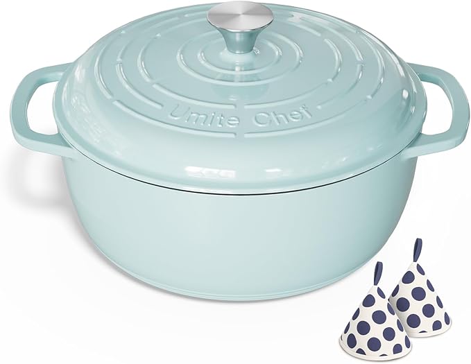 Umite Chef 6QT Enameled Cast Iron Dutch Oven with Lid, Versatile Heavy-Duty Cookware Pot for Baking Bread, Braising, Soups & Stews, Oven & Stovetop Safe with Heat Resistant Gloves(Blue)