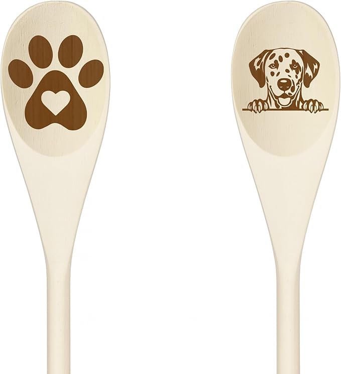 DALMATIAN Wooden Spoons for Cooking, Serving or Decorative Kitchen Utensils Set Dog Lover Dog Mom/Dad Gift with Peeking Dog Designs, Paw Print and Dog Head, Kitchen Utensils Set of 2