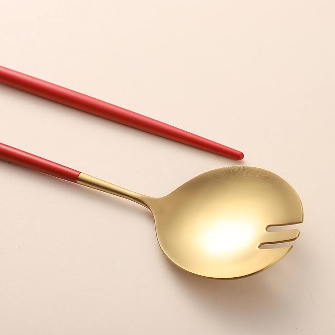 Salad Servers,Spoon and Fork Set 11.41 inch,18/10 Stainless Steel Salad Serving Titanium Plating (Red gold)