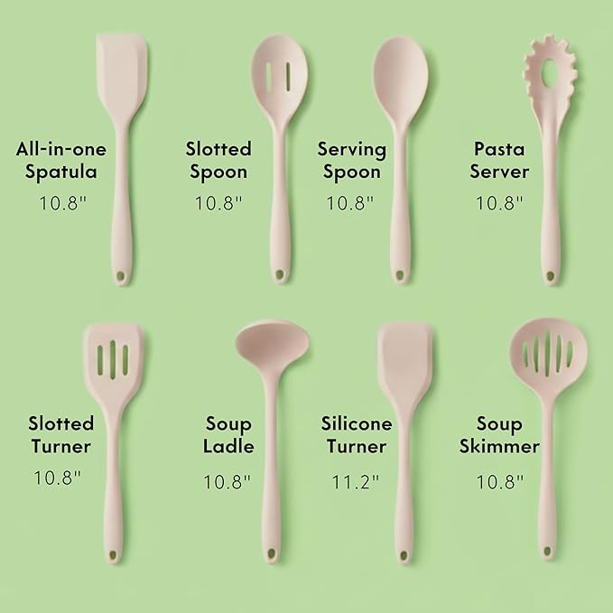 Non-Toxic Platinum Silicone Kitchen Utensil Set of 8 ??Non-Scratch Cooking Spoons & Spatulas, 100% Plastic Free, Stainless Steel Core, Heat Resistant 500째F, Beige