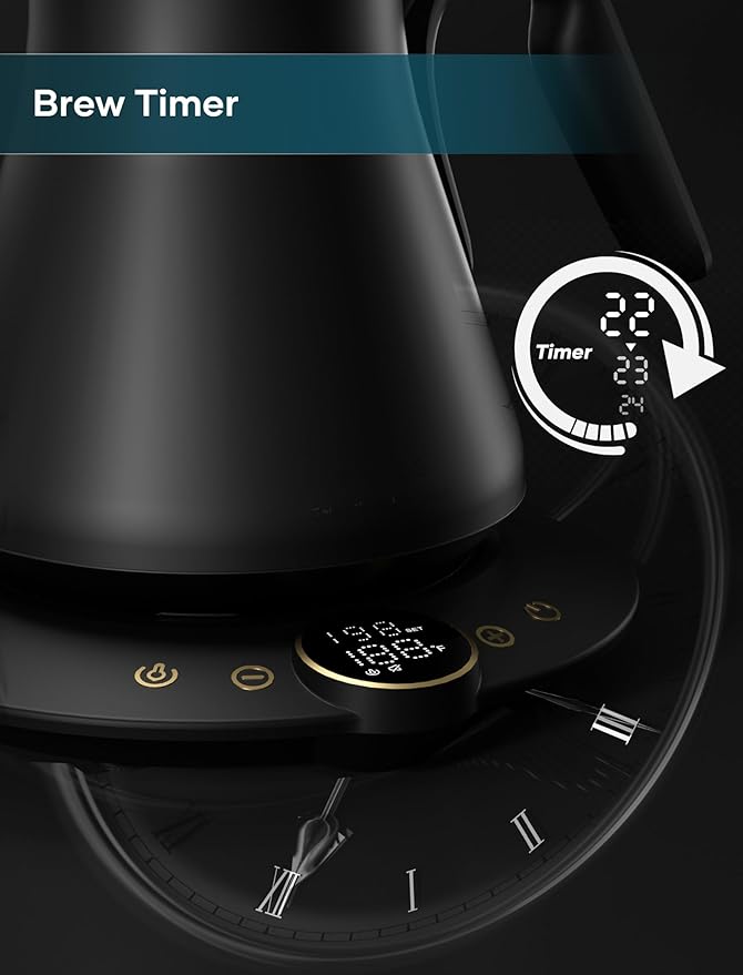 Gooseneck Electric Kettle with 짹1??Temperature Control for Pour Over Coffee & Tea, Quick Heating, BPA-Free Stainless Steel, Built-in Brew Timer, 1500W/0.9L (Black Walnut)