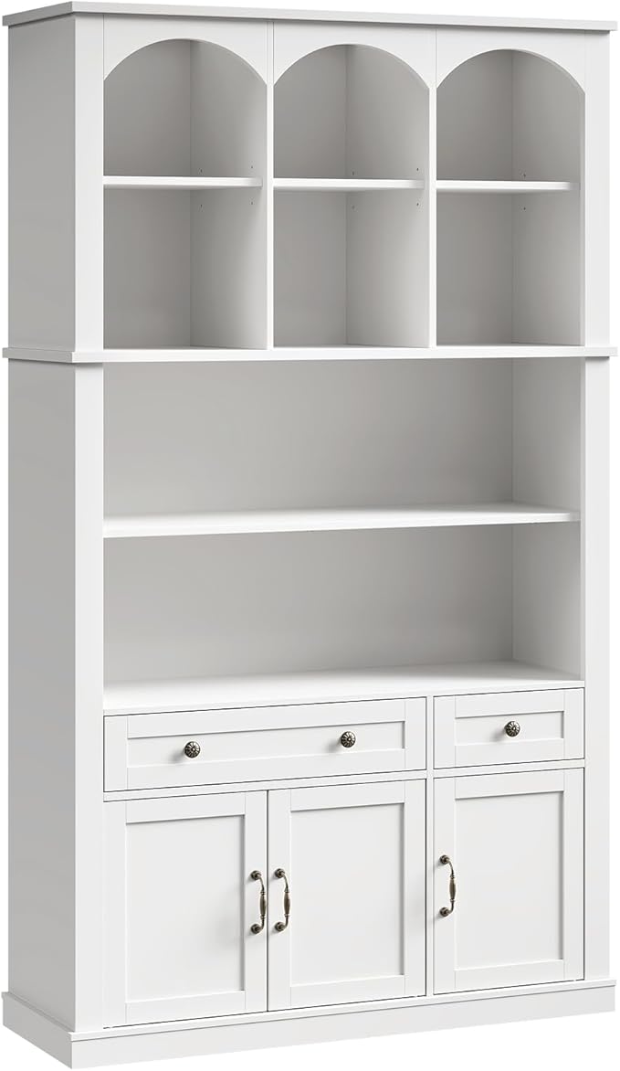 73.2" Tall Farmhouse Arched Bookshelf with Drawer and Door, Set of 2, 6 Tier Mid Century Modern Book Shelf and Bookcase with Storage, Floor Standing Display Cabinet for Home Office, White