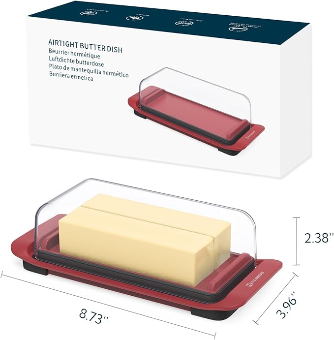 KITCHENDAO Airtight Butter Dish with Lid for Countertop and Fridge, Dishwasher Safe, BPA Free Wide Plastic Butter Keeper for 2 Sticks East Coast/West Coast/European Style/Kerrygold Butter, Red