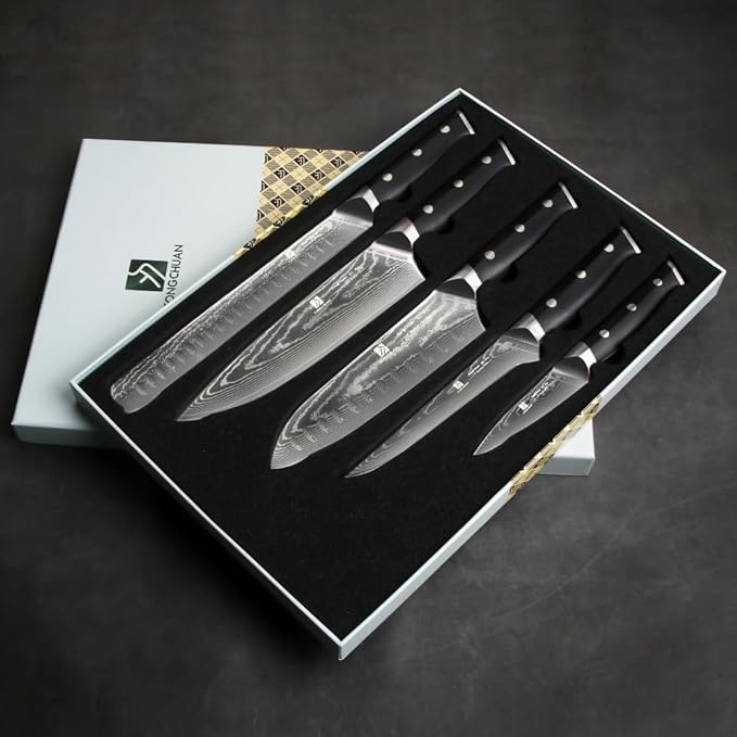 5-Piece Damascus Chef Knife Set: High Carbon Stainless Steel, Professional Ultra Sharp Kitchen Knives Set with Ergonomic Black Handle - Chef/Santoku/Paring/Bread/Brisket/Boning Knives in Gift Box