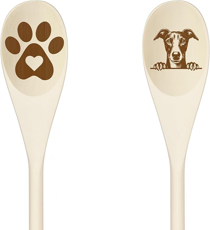 WHIPPET Wooden Spoons for Cooking, Serving or Decorative Kitchen Utensils Set Dog Lover Dog Mom/Dad Gift with Peeking Dog Designs, Paw Print and Dog Head, Kitchen Utensils Set of 2