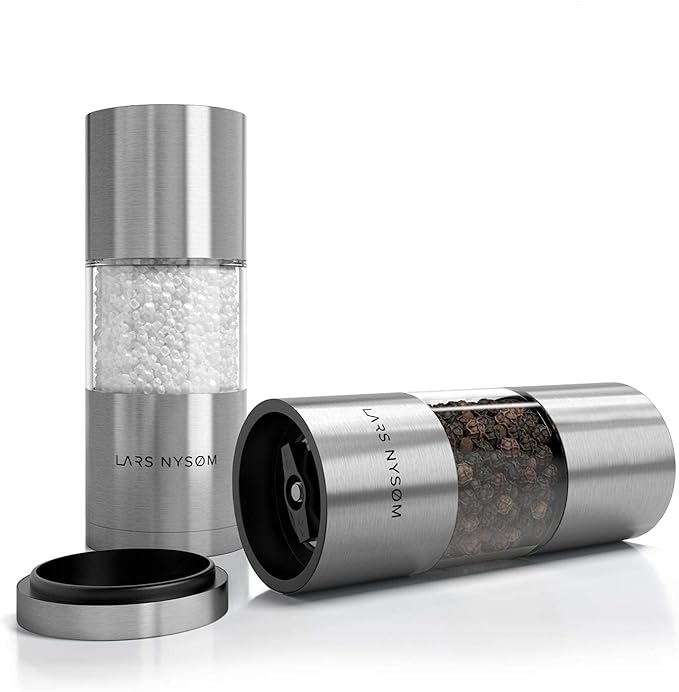 LARS NYS횠M Salt and Pepper Grinder Set, Manual Salt and Pepper Mills with Adjustable Ceramic Grinder, Design Spice Shaker Set (Stainless Steel)