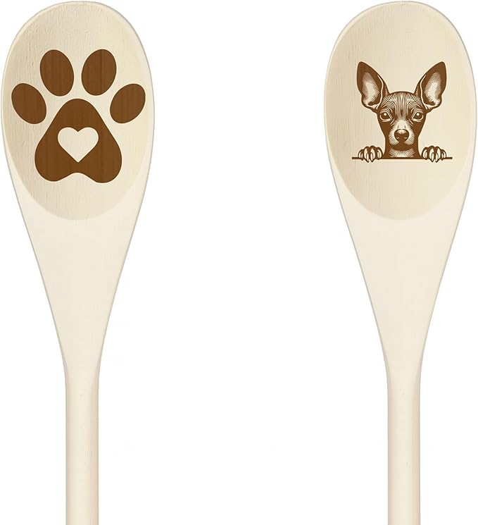 XOLOITZCUINTLI Wooden Spoons for Cooking, Serving or Decorative Kitchen Utensils Set Dog Lover Dog Mom/Dad Gift with Peeking Dog Designs, Paw Print and Dog Head, Kitchen Utensils Set of 2