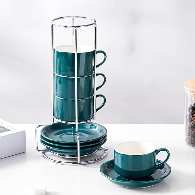 2.5oz Espresso Cups Set of 4, Small Stackable Coffee Cups with Saucers and Metal Stand, Ceramic Demitasse Cups, Cappuccino Cups for Coffee Drinks, Latte, Green