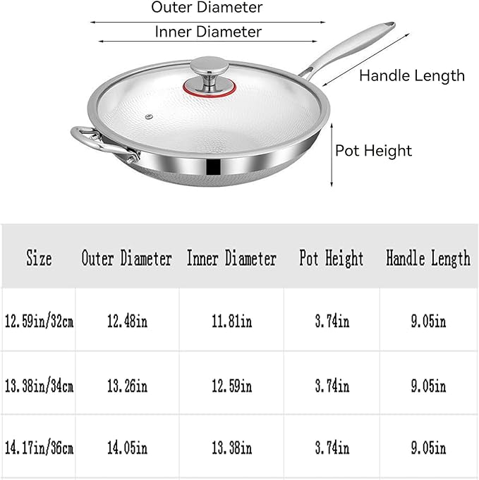 Titanium Hammered Wok, No Coating Non-Stick Titanium Cookware, Frying Pans, Hammered Pan,Ultra-Durable, Scratch-Resistant, Even Heating Frying Pans, Safe for Oven,with lid,14.17in
