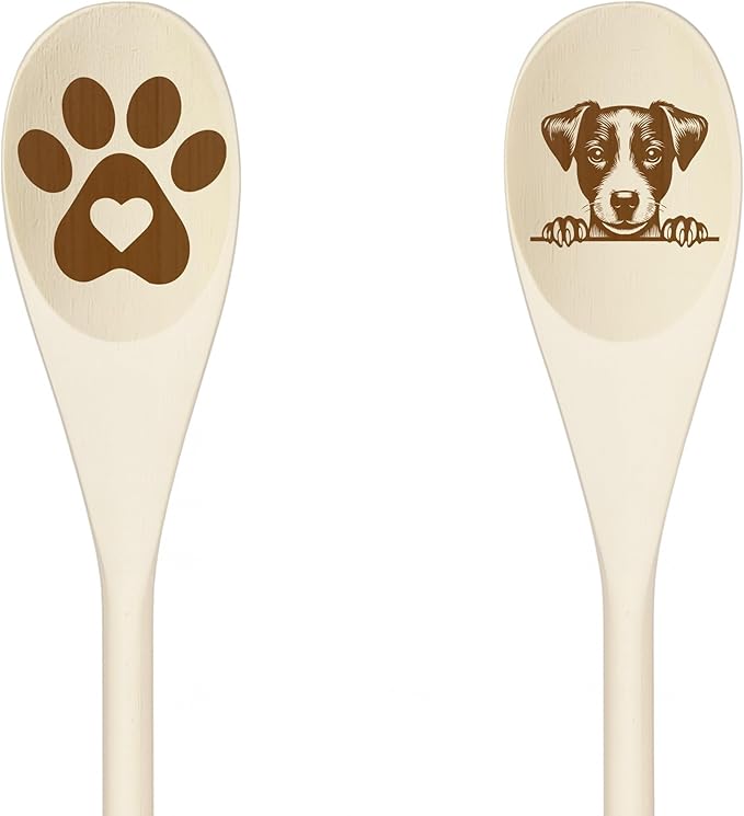 JACK RUSSEL Wooden Spoons for Cooking, Serving or Decorative Kitchen Utensils Set Dog Lover Dog Mom/Dad Gift with Peeking Dog Designs, Paw Print and Dog Head, Kitchen Utensils Set of 2