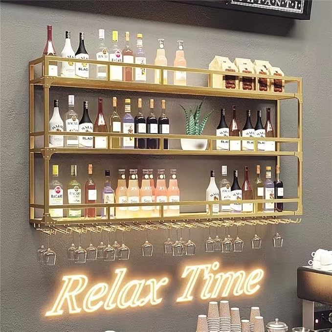 71 Inch 3-Tier Wall Mounted Wine Rack with LED Light, Stylish Wall Bar Shelves for Liquor Bottles & Hanging Glasses, Bar Shelves Wall Mounted for Kitchen, Dining Room & Home Bar, Gold
