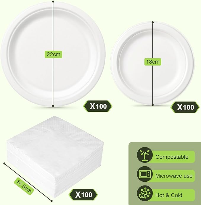 Disposable Paper Plates Set, 7-inch, 9-inch Eco friendly Heavy Duty Plates and Napkins Party Supplies, Compostable Dessert Dinner Paper Plate White, For 100 Guests