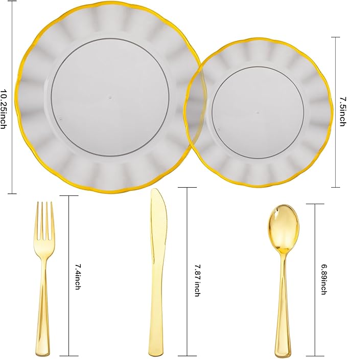 EI 150pcs Clear Black Dinnerware Set,Clear Black Fancy Plastic Plates with Gold Rimmed and Gold Plastic Silverware,Heavy Duty Party Plates Disposable for Afternoon Tea,Business Events,Hotel Banquets