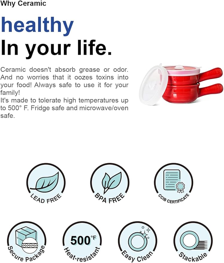 LE TAUCI Soup Bowls with Silicone Lids and Handles, 15 Oz French Onion Soup Bowls, Non-Toxic Ceramic Soup Crocks for Noodles, Stew, Cereal and Chilli, Oven Microwave Dishwasher Safe, Set of 4, Red