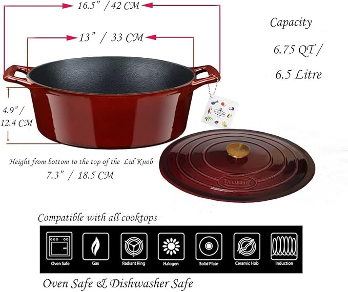 La Cuisine Enameled Cast Iron Oval Dutch Oven Casserole Dish Pot with Lid 6.75 QT Internal Matte Black Enamel Coating for bread baking, Gold-Plated Stainless Steel Lid Handle, Oven Safe up to 500째 F. Cranberry