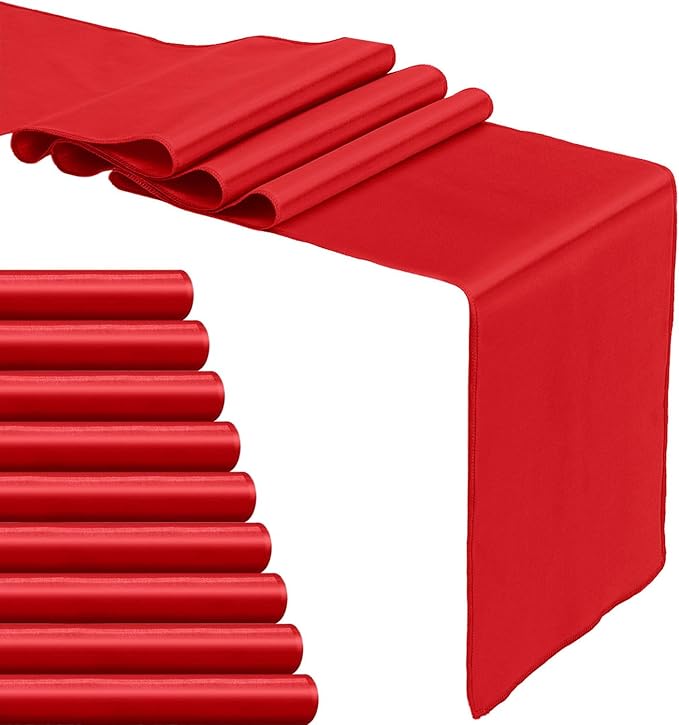 10-Pack Red Satin Table Runner 12 x 108 Inch Long Bright and Smooth Silk Fabric Table Runner for Wedding Banquet Birthday Party Decoration
