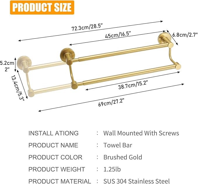 BESy Adjustable 16-26 Inches Double Bath Towel Bar for Bathroom SUS304 Stainless Steel Towel Holder, Hotel Style Wall Mount with Screws Hand Towel Bar竊똖owel Rack Rod Hanger, Brushed Gold Finish