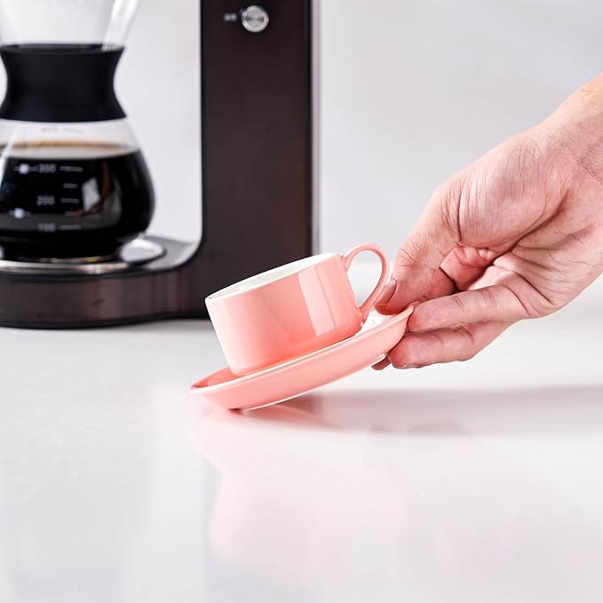 2.5oz Espresso Cups Set of 4, Small Stackable Coffee Cups with Saucers and Metal Stand, Ceramic Demitasse Cups, Cappuccino Cups for Coffee Drinks, Latte, Pink