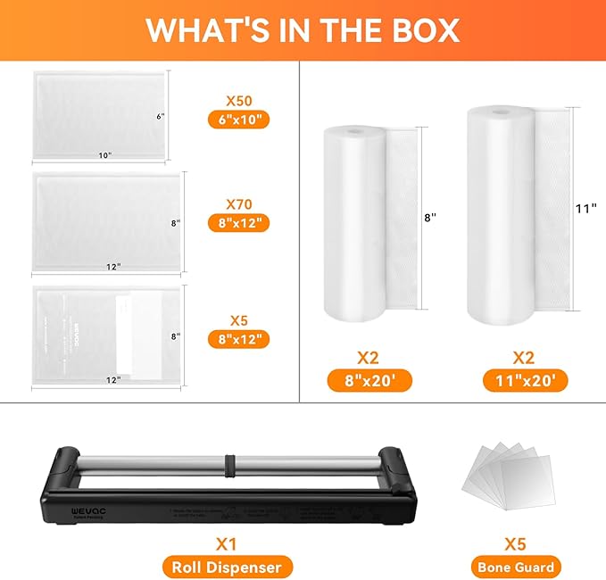 Wevac Family Pack Vacuum Sealer Bags Rolls with Dispenser ??6"x10" (50pcs), 8"x12" (70pcs), 8"x20' & 11"x20' Rolls, Heavy Duty, Leakproof, Ideal for Sous Vide, Meal Prep, Food Saver