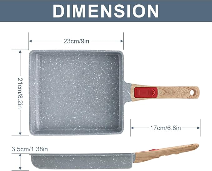 Ceramic Tamagoyaki Pan, Japanese Omelette Pan Nonstick, Rectangle Square Egg Frying Pan Skillet Nonstick, Detachable Handle, PFAS & PFOA-Free, Oven Safe, 9" x 8.2"