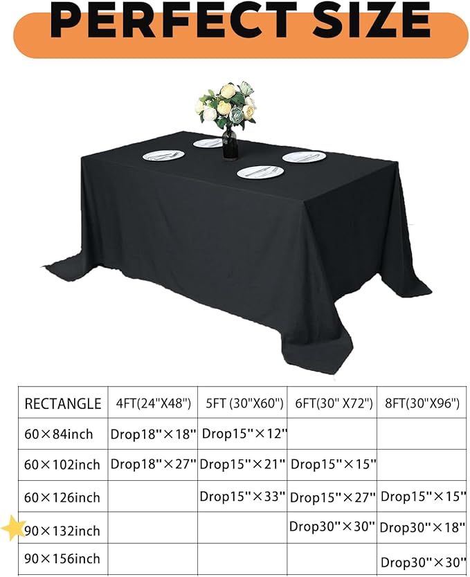 TWINPRET Rectangle Tablecloth 90 x 132 Inch, Black Waterproof Washable Polyester Table Cloth - Stain & Oil Resistant Rectangular Table Cover for Outdoor, Indoor, Banquet & Party (Fits 6 Foot Tables)