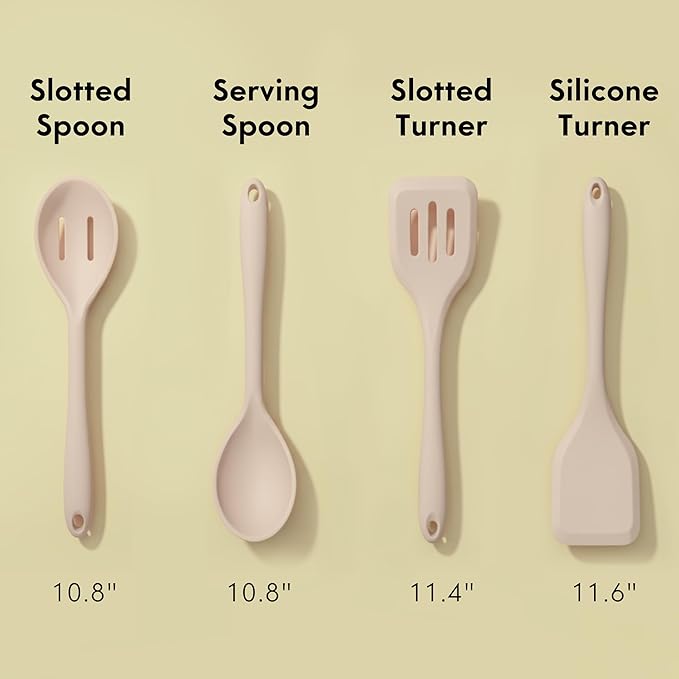 Non-Toxic Platinum Silicone Kitchen Utensil Set of 4 ??Non-Scratch Cooking Spoon & Spatula, 100% Plastic Free, Stainless Steel Core, Heat Resistant 500째F, Beige