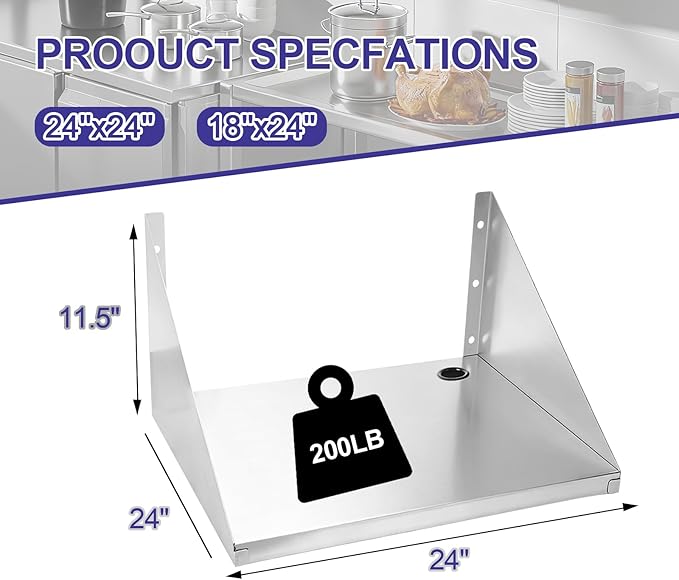 Stainless Steel Microwave Shelf with Side Guards - Heavy-Duty Wall Mount Rack, Sturdy Space-Saving Storage for Kitchen Appliances, Great for Home, Restaurant & Hotel (24''x24''x12)