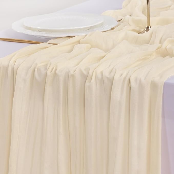 Socomi Beige Valentine's Day Cheesecloth Table Runner Boho Rustic Gauze 120 inch 10FT Cheese Cloth Runner for Wedding Party Baby Shower Birthday Home Decor Holiday Decorations