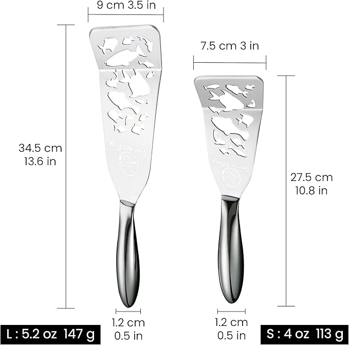 Stainless Steel Fish Spatula Set ??Funky Fish Edition, 1 Large Fish Turner + 1 Small Metal Spatula, Ultra Thin Edge for Easy Turning & Flipping, Ergonomic Non-Slip Handle, Dishwasher Safe